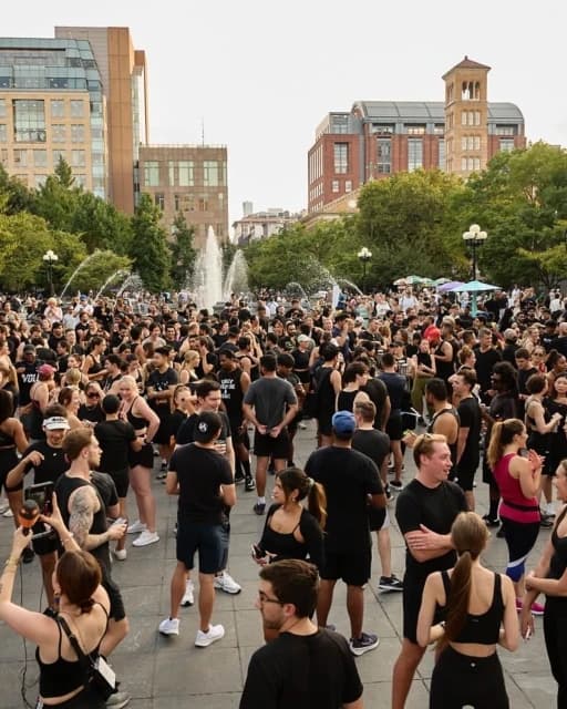 Crowd gathered for an outdoor workout on a city street